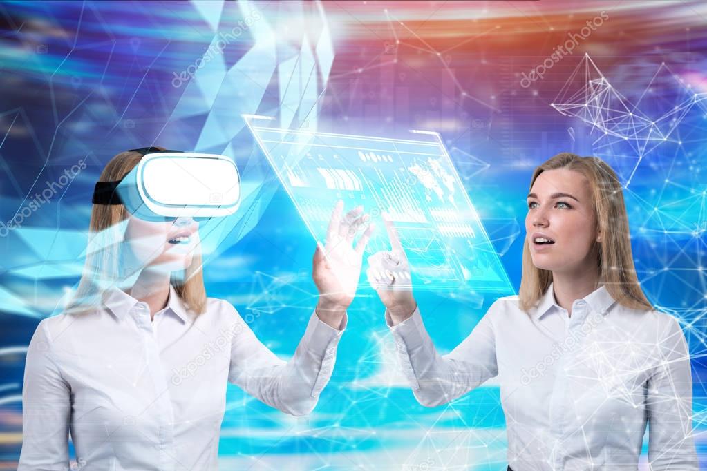 VR twins and glowing holograms, blurred