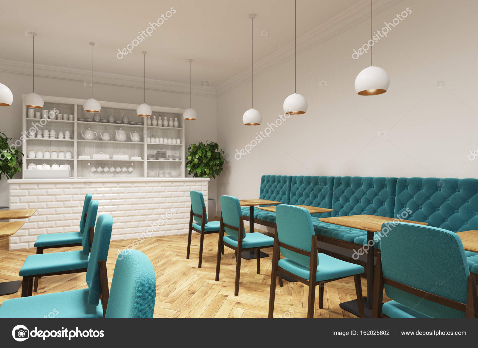 Coffee Shop With Blue Chairs Side View Stock Photo