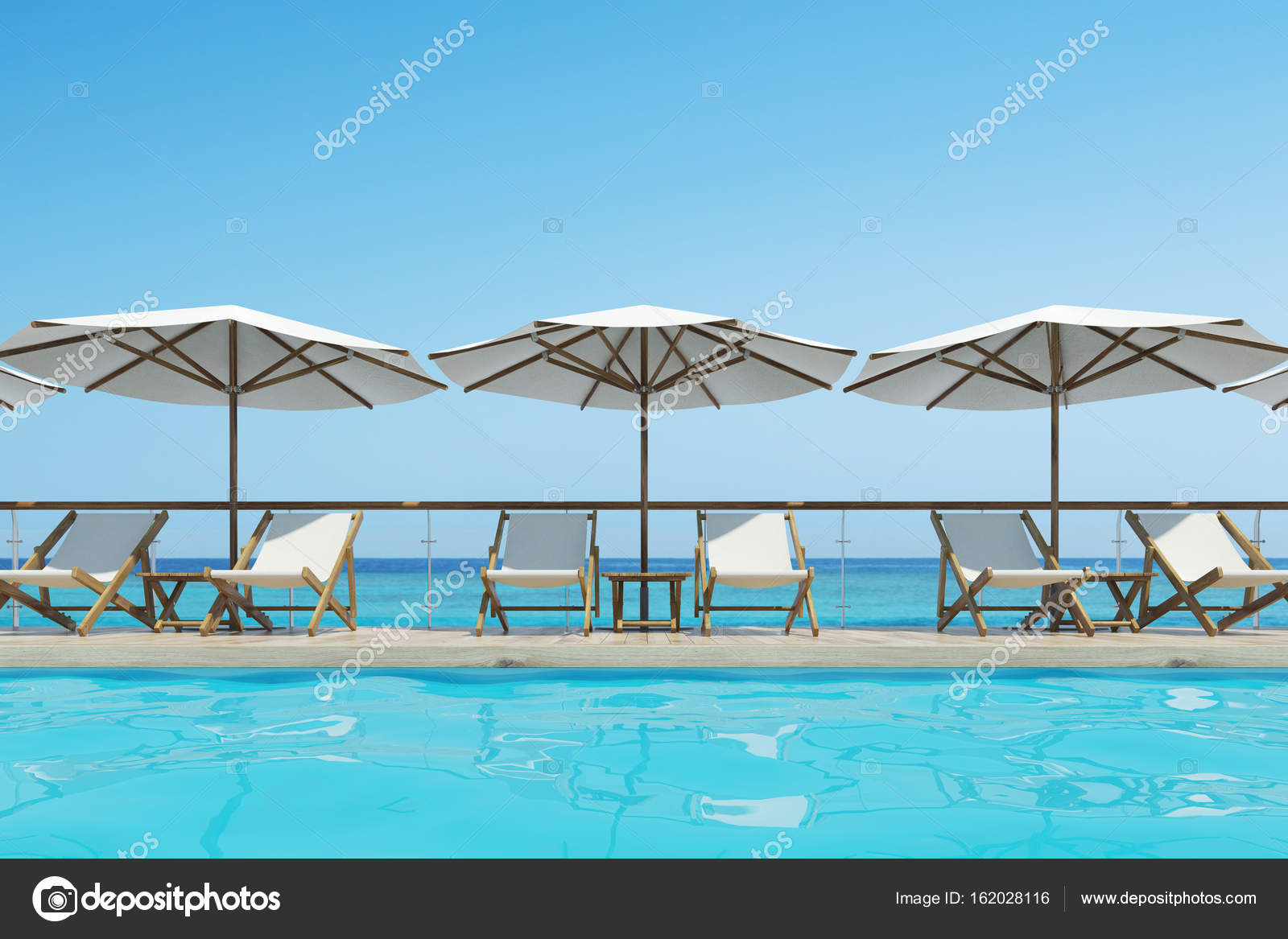 Swimming Pool With Deck Chairs Umbrellas Front Stock Photo White Deck Chairs Are Standing Under Beach Umbrellas Near A Swimming Pool Blue Cloudless Sky Is Above Them Close Up 3d Rendering Mock Photo By