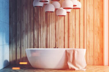 Ahşap banyo iç mekan, açık tonda