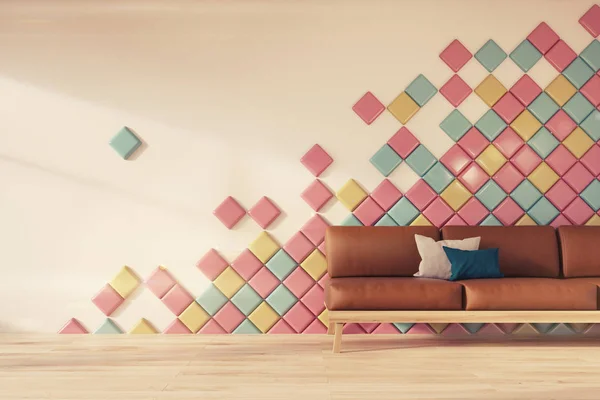 White wall, tiles, brown sofa toned