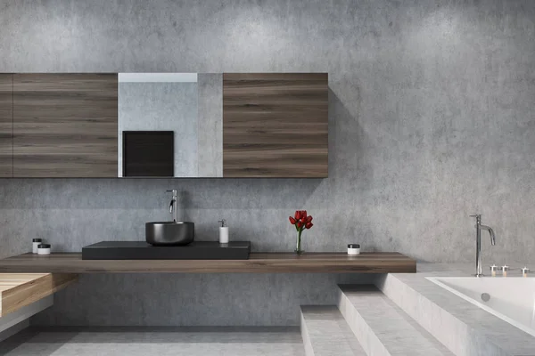 Bagno, specchio e lavabo in cemento — Foto Stock