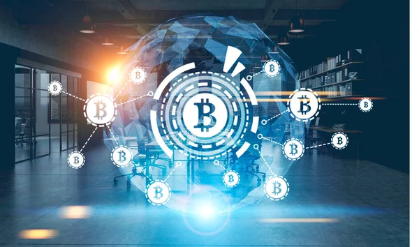 Bitcoin-Netzwerk, hud, Weltkarte, Nachtbüro — Stockfoto