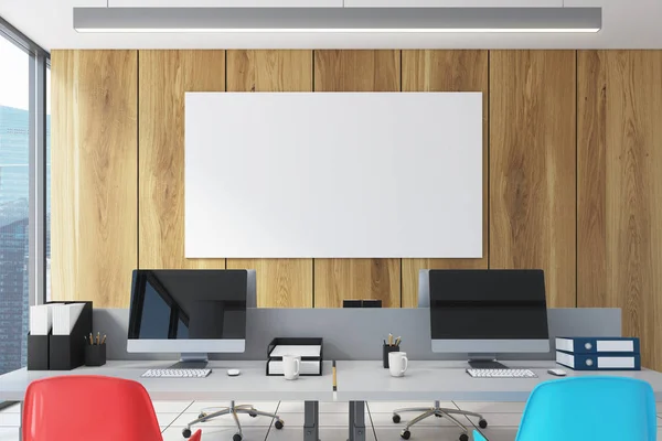 Wooden open office, computers, poster — Stock Photo, Image