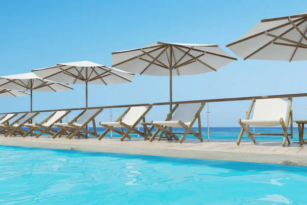 Beyaz şezlong, şemsiye, mavi gökyüzü, yan