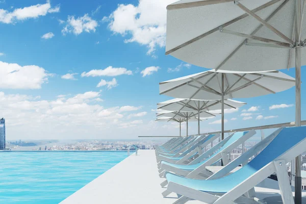 Mavi şezlong, şemsiye, şehir, yan