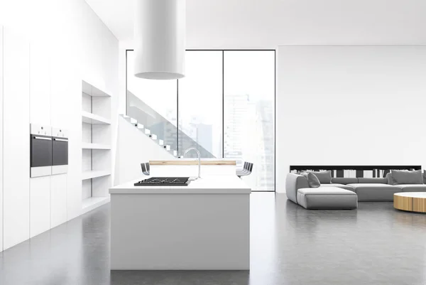 Cocina blanca interior y sala de estar, esquina —  Fotos de Stock