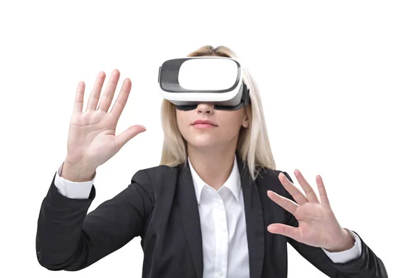 Close up of a blonde businesswoman in vr glasses — Stock Photo, Image