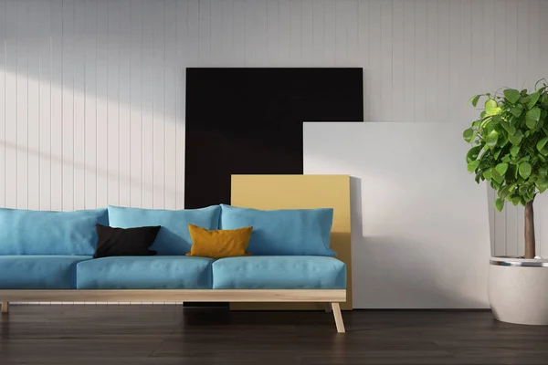 Weiße Wand, blaues Sofa, Plakat — Stockfoto