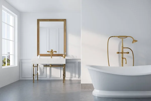 Salle de bain vintage, baignoire blanche, lavabo — Photo