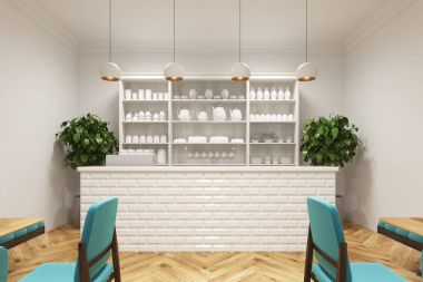 Kahve Dükkanı mavi sandalye ile yakın çekim