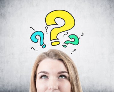 Blonde woman s head, question marks clipart