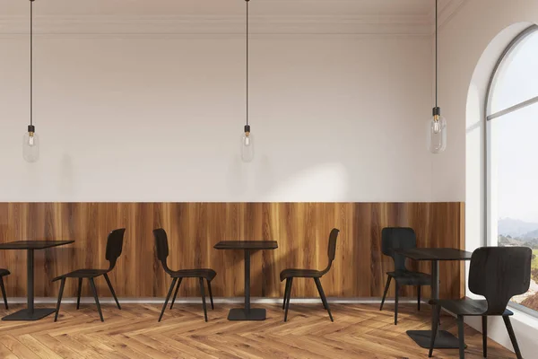 Interior kafe mebel hitam modern, jendela — Stok Foto