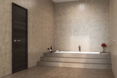 Beton banyo, merdiven ve bir küvet yan