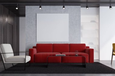 Kırmızı koltuk oturma odası ile bir poster, yakın çekim