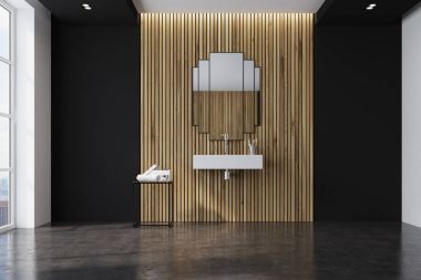 Siyah ve ahşap banyo, lavabo, ayna