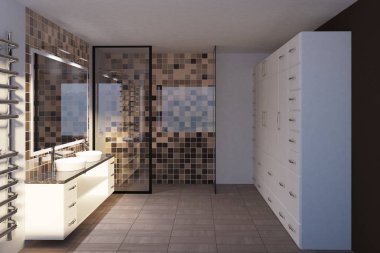 Çinili bej banyo, çift lavabo, yan görünüm