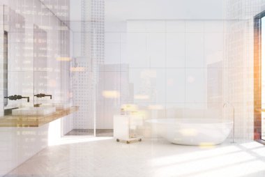 Modern beyaz banyo iç, gece city, Çift Kişilik
