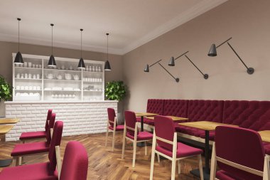 Koyu kırmızı sandalye, yan ile kahve dükkanı