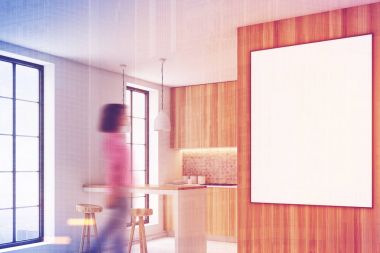 Bir bar, poster, yan ile ahşap mutfak tonda