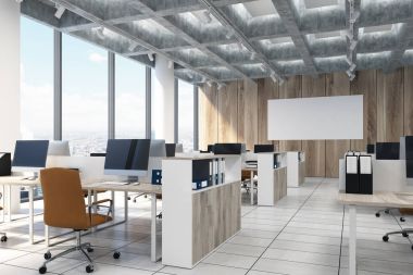 Hafif ahşap açık ofis, bilgisayar, poster, yan