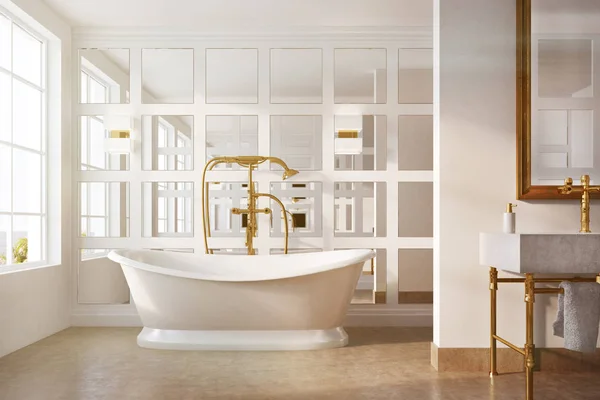 老式的浴室，白色的浴缸，定了调子的镜子 — 图库照片