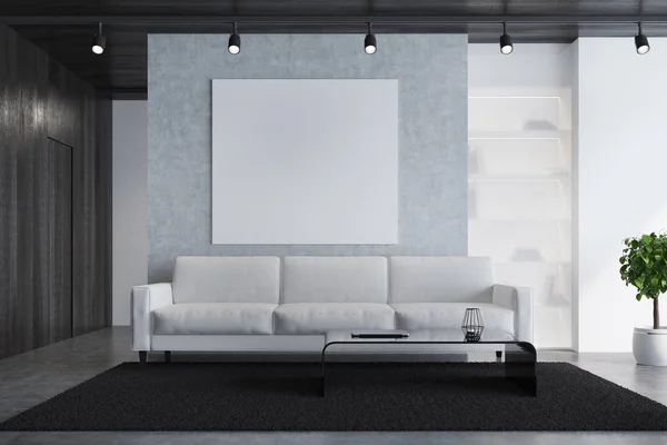 Серый диван гостиной с плакатом, крупным планом — стоковое фото
