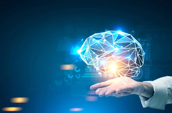 Businessman s hand brain hologram HUD — Stock Photo, Image