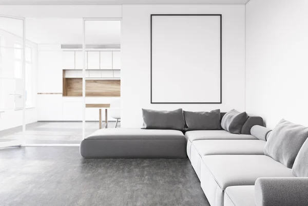 Sofá gris sala de estar, cartel, cocina —  Fotos de Stock