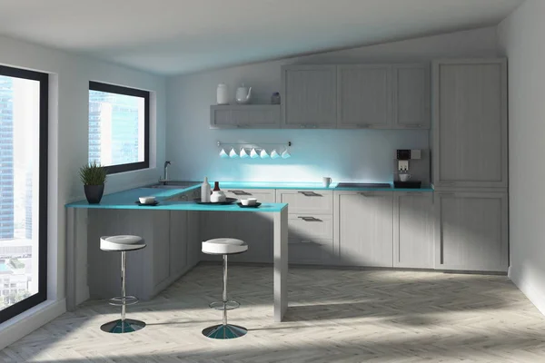 Futuristische Küche mit Bar, blau — Stockfoto