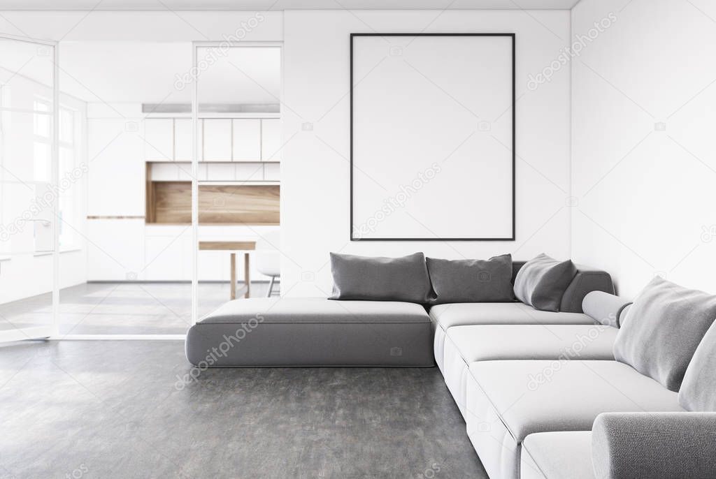 Gray sofa living room, poster, kitchen