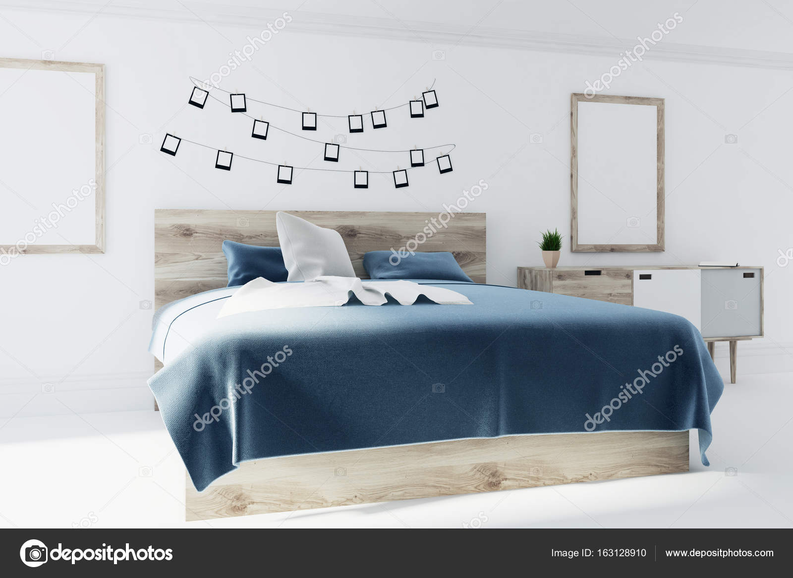 Weißes Schlafzimmer mit zwei Plakate Seitenansicht — Stockfoto ... Weißes Schlafzimmer mit zwei Plakate Seitenansicht — Stockfoto ...