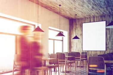 Beyaz Cafe, ahşap tavan, poster, köşe insanlar