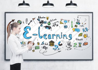 Bir tablet ile gülümseyen sarışın kadın e öğrenme