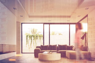 Yuvarlak masa, kanepe, yan görünüm, kız oturma odası