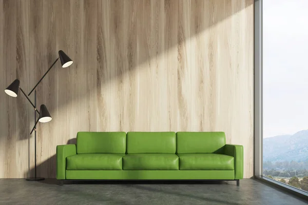 Wooden living room, green sofa