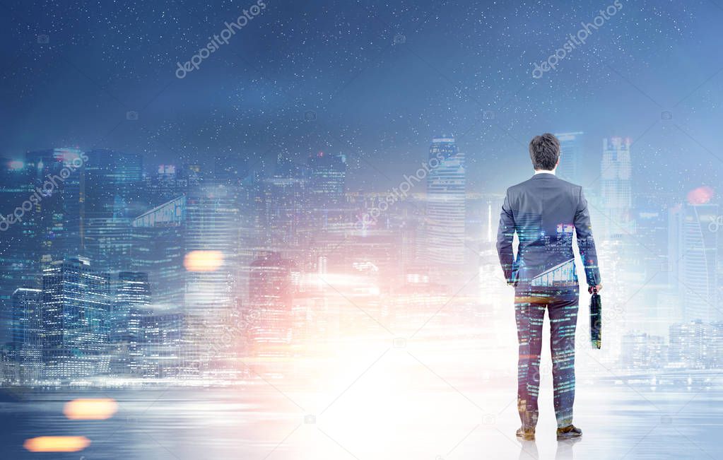 Rear view of a businessman looking at a night city