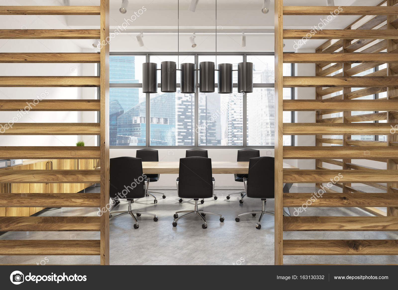 Conference Room Interior With Plank Walls Stock Photo