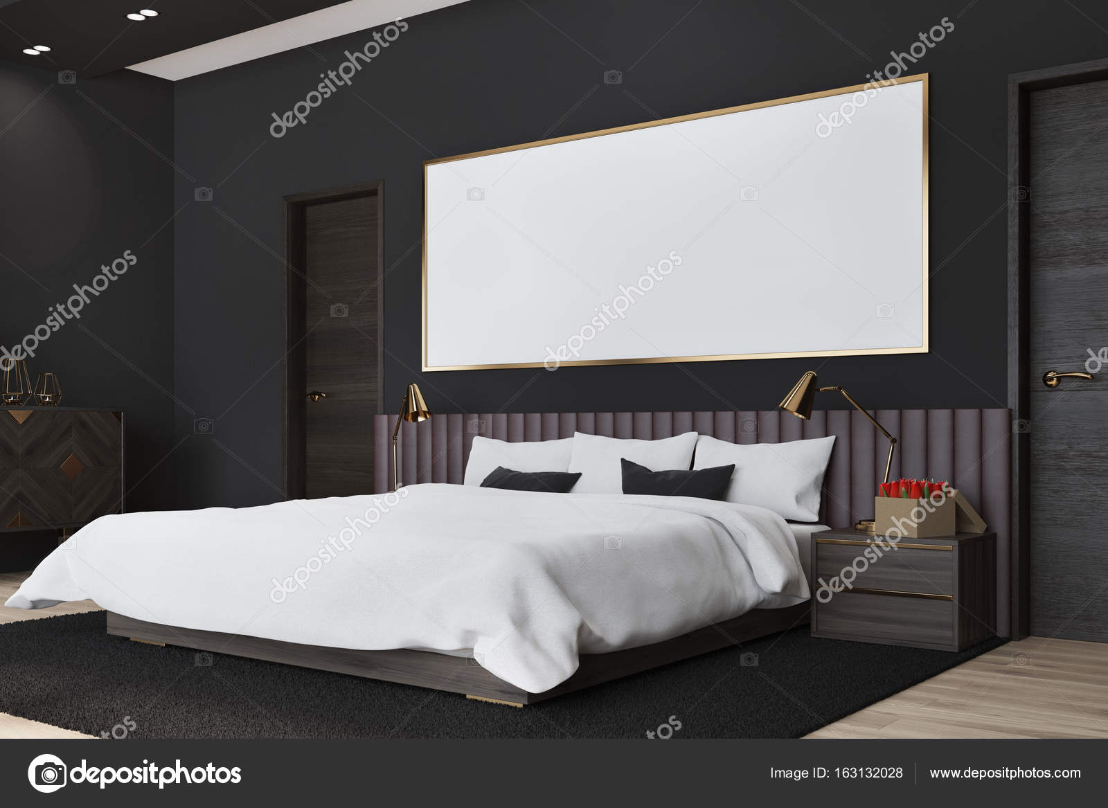 Black Bedroom With A Poster Side View Stock Photo