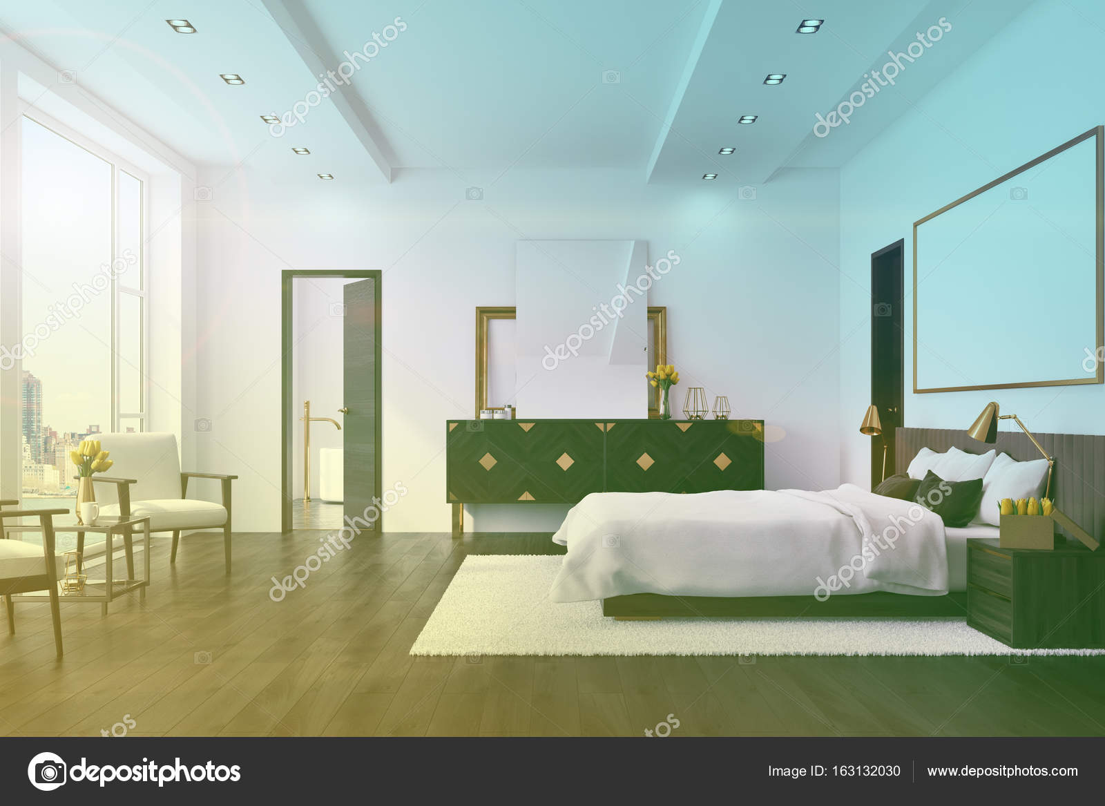 Camera da letto bianca con un manifesto, armadio tonica — Foto Stock ... Camera da letto bianca con un manifesto, armadio tonica — Foto Stock ...
