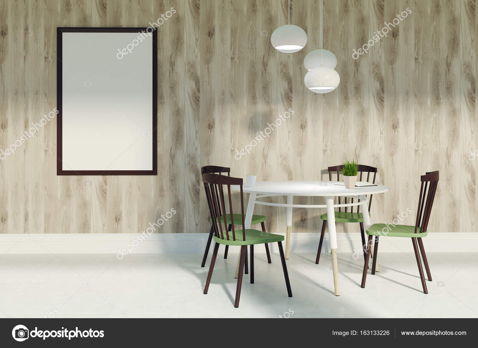 Eetkamer met groen en bruin stoelen en poster — Stockfoto ... Eetkamer met groen en bruin stoelen en poster — Stockfoto ...