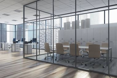 Dolaplar, ofis, yan cam toplantı salonu
