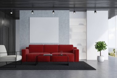 Kırmızı koltuk oturma odası ile bir poster