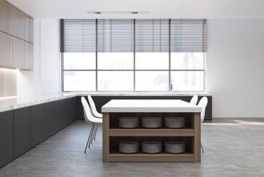 Beyaz yemek odası ve mutfak, karanlık mermer, yan