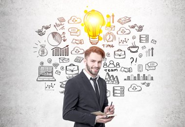 Gülümseyen sakallı işadamı, ampul, planı