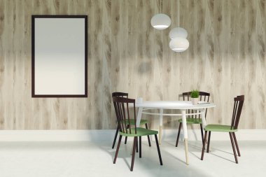 Yeşil ve kahverengi sandalye ve poster ile yemek odası