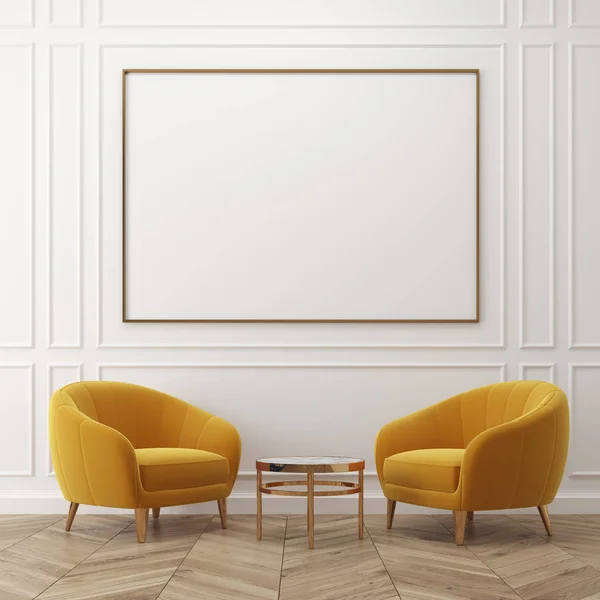 Белая гостиная, желтые кресла, плакат — стоковое фото