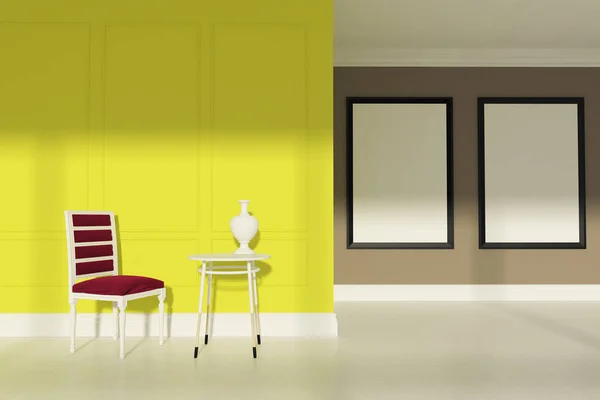 赤い椅子リビング ルーム、2 つのポスター、黄色 — ストック写真