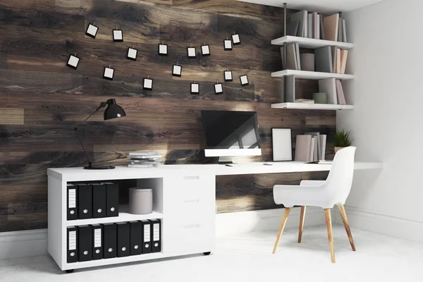 Koyu ahşap ev ofis, beyaz sandalye yan