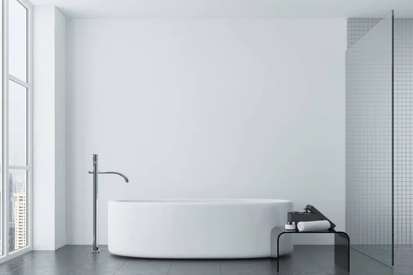 White bathroom, tiles and round tub, window — Stock Photo, Image